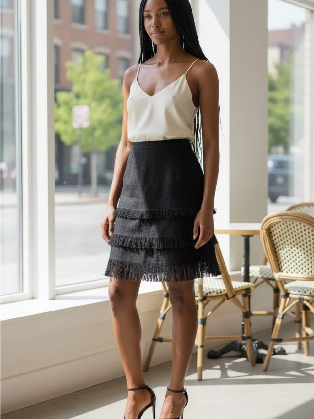 ANDREW GN  Black 100%
Linen Fringe Mini Skirt | Size FR 36 (US 4)